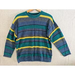 Karen Scott Sweater Women's Small‎ Striped Cable Knit Blue Round Neck Pullover